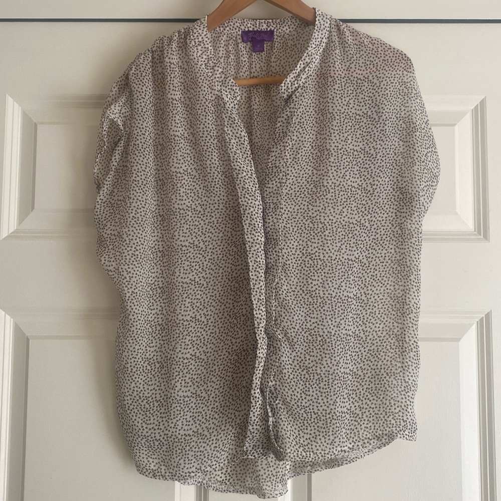 Hale Bob Sheer Blouse Size M Mini Hearts Print White Beige V-Neck Bohemian